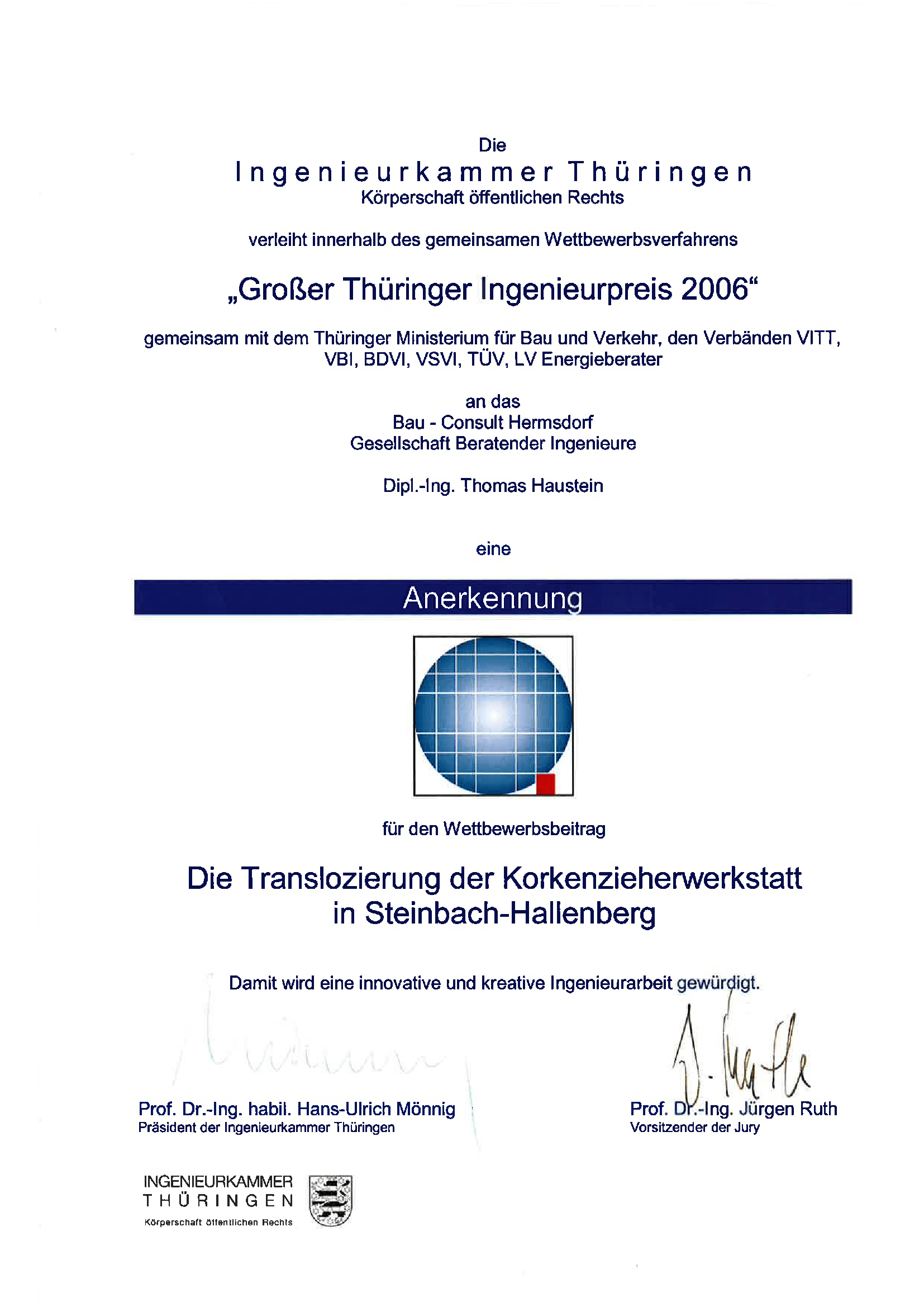 Urkunde Großer Thüringer Ingenieurpreis 2006