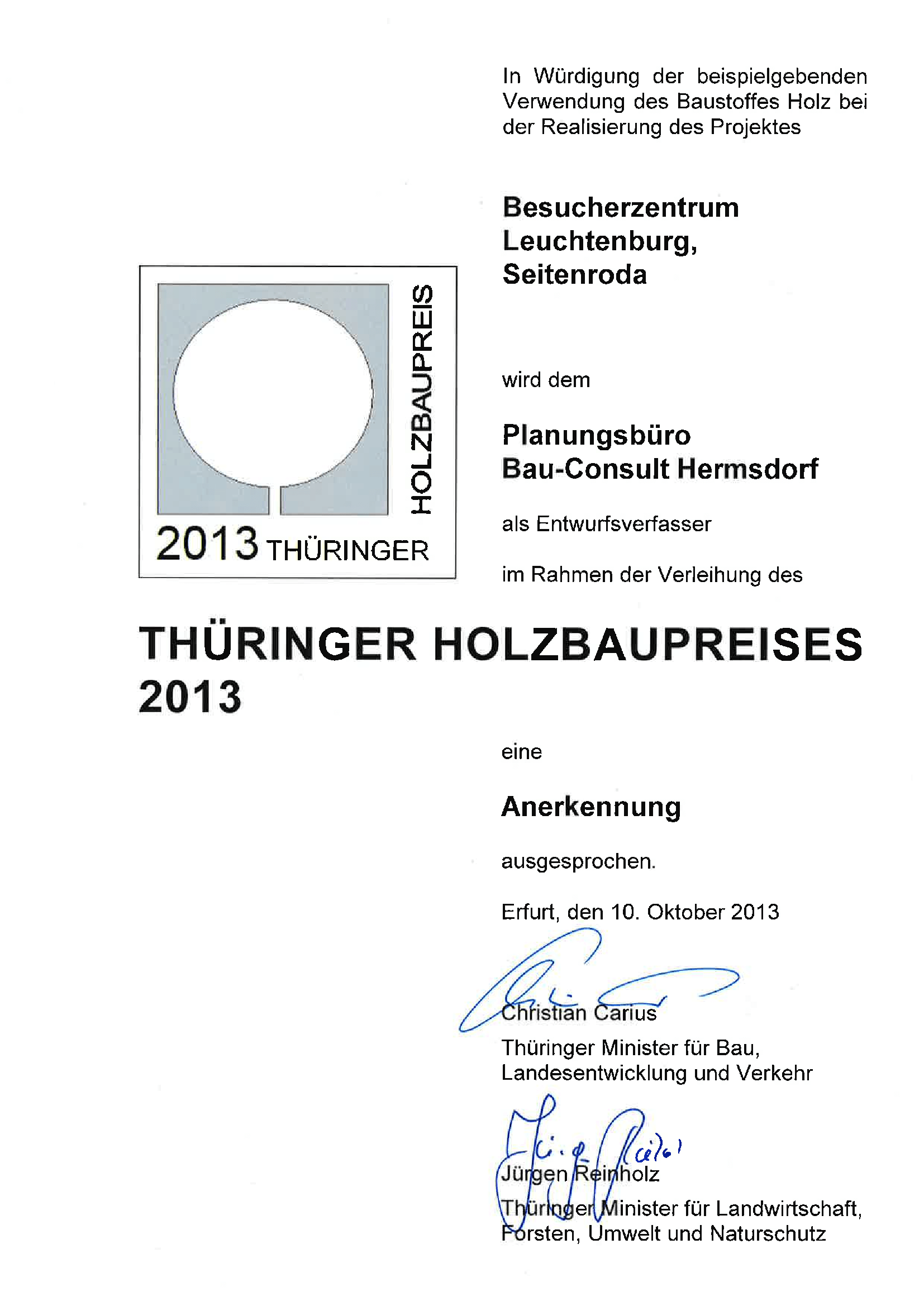 Urkunde Thüringer Holzbaupreis 2013